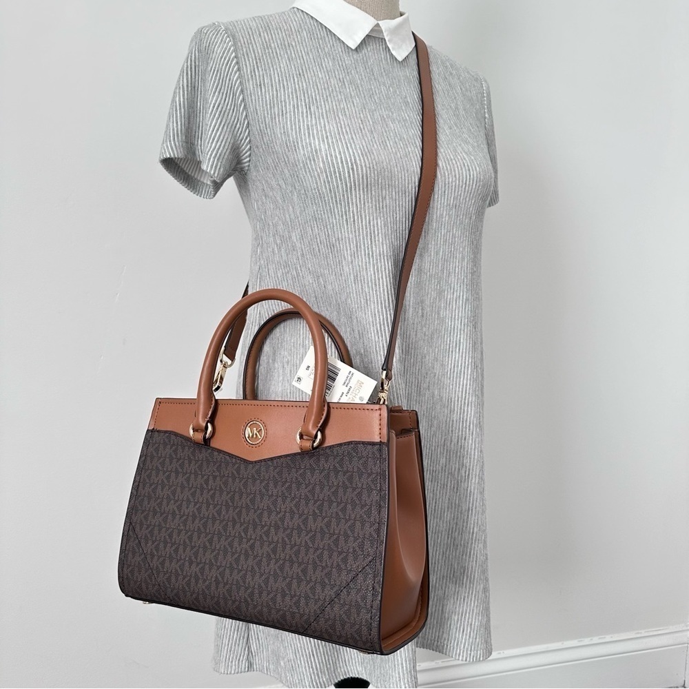 Michael Kors Everly Medium Satchel Crossbody Bag Brown Acorn Designer Purse - Picture 4 of 16